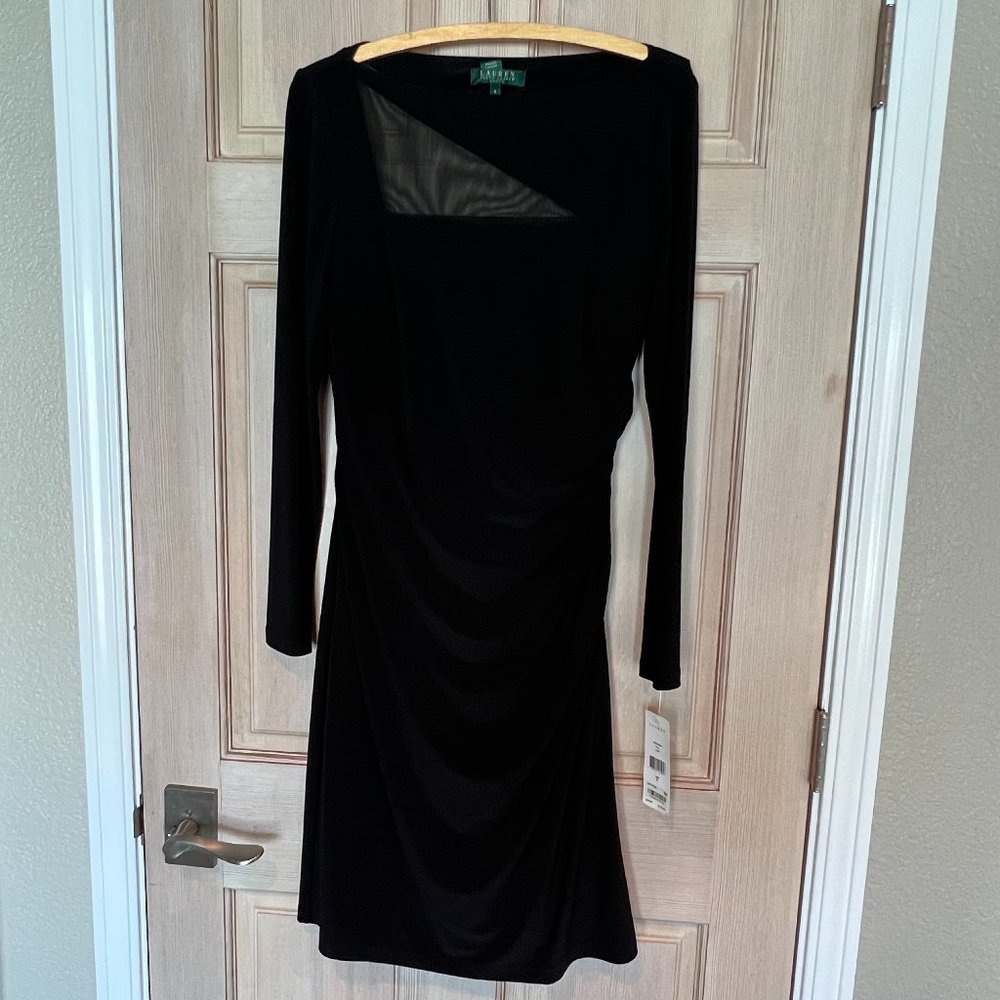 RALPH LAUREN Illusion Yoke Side Shirred L/S Black Sheath Dress NEW